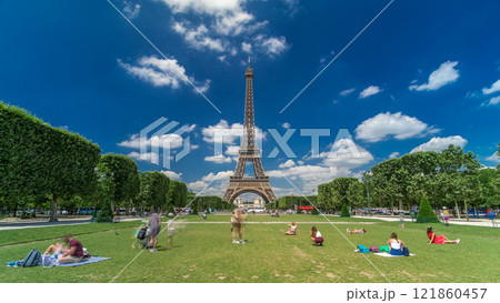 Eiffel Tower on Champs de Mars in Paris timelapse hyperlapse, France 121860457
