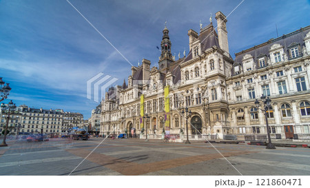 Hotel de Ville or Paris city hall timelapse hyperlapse in sunny day. 121860471