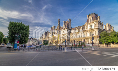 Hotel de Ville or Paris city hall timelapse hyperlapse in sunny day. 121860474