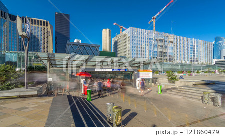 Panorama of La Defence timelapse hyperlapse, business and financial district with highrise skyscrapers buildings 121860479