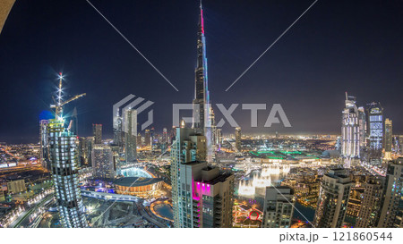 Dubai downtown cityscape with Burj Khalifa, LightUp light show aerial timelapse Dubai downtown cityscape with Burj Khalifa, LightUp light show aerial timelapse 121860544