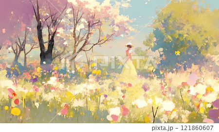 春の花咲く庭園と桜の木の下でたたずむ女性の美しい風景イラスト 121860607