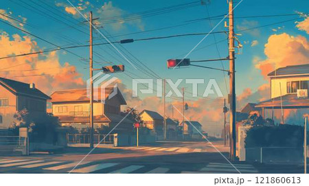 夕暮れの住宅街|穏やかな空模様と夕日が照らす美しい街並み 夕暮れの住宅街|穏やかな空模様と夕日が照らす美しい街並み 121860613