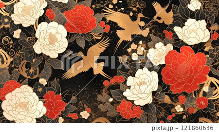 【和風デザイン】金色の鶴と牡丹の花模様｜高級感あふれる伝統的背景イラスト 121860636