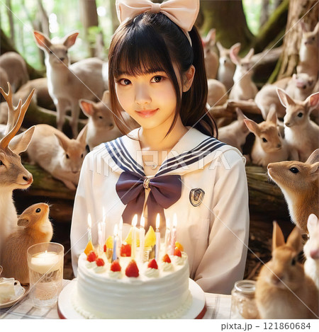 写真素材/07/美人・美女/女子中学生/女子高生/誕生日/誕生日ケーキ(高画質 有料 高品質) 121860684
