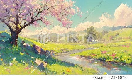 春の田園風景と桜の木が彩る癒しの自然風景のイラスト素材 [121860723