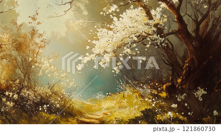 桜の木漏れ日と春の草花が広がる静寂な庭園風景 121860730