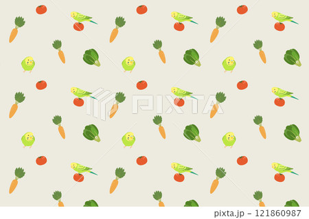 セキセイインコと野菜のパターン背景（グレー） 121860987