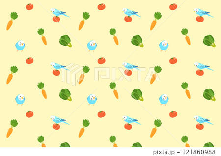セキセイインコと野菜のパターン背景（イエロー） 121860988
