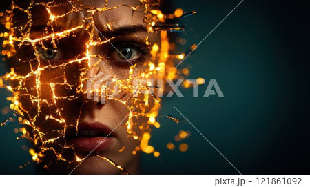 Portrait of a Woman with Glowing Lines and Intense Expression 121861092