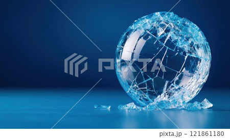 Shattered Glass Globe on Blue Surface Isolated Close-Up View 121861180
