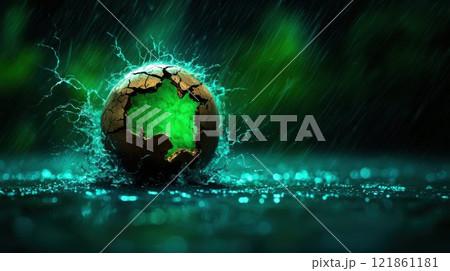 Shattered Green Sphere with Electric Sparks on Dark Background 121861181