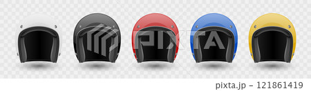 Vector 3D Realistic Set of Classic Vintage Open-Face Motorbike Helmets in Different Colors. Glossy Motorcycle Helmet Design Template for Mockup. Front View. Motorcycle Helmet Icon, Closeup, Isolated 121861419