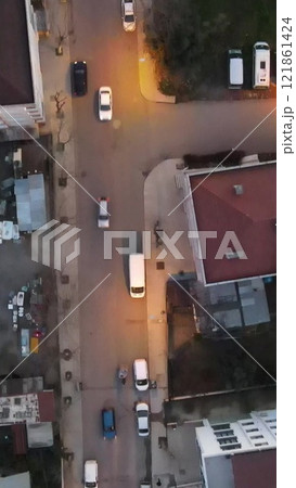 Aerial view evening building roofs 121861424