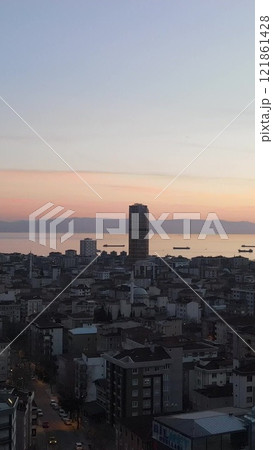 Aerial view sunset skyline business city Aerial view sunset skyline business city 121861428