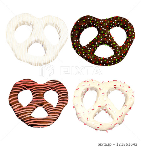 Watercolor set of four pretzels twist covered different chocolate and decoration 121861642