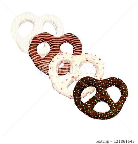 Watercolor set of four pretzels twist covered different chocolate and decoration 121861645