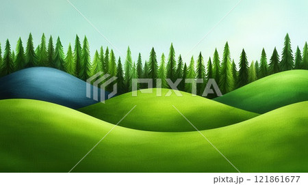 Serene Landscape with Green Hills and Dense Pine Trees 121861677