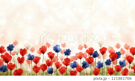 Vibrant Floral Background with Red and Blue Flowers on Soft Surface Vibrant Floral Background with Red and Blue Flowers on Soft Surface 121861706