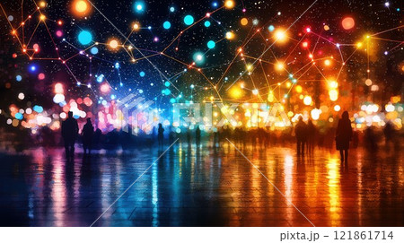 Vibrant City Night with Colorful Lights and Abstract Connections 121861714