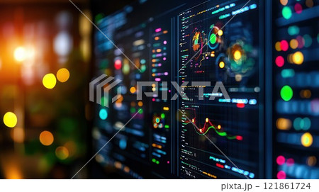 Colorful Data Visualization on Digital Screen in Tech Environment Colorful Data Visualization on Digital Screen in Tech Environment 121861724
