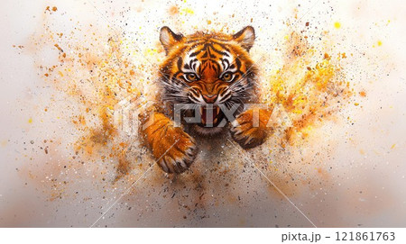Fierce Tiger Attacking with Energy and Dynamic Splashes of Color 121861763