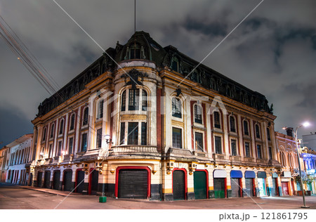 Nighttime Architecture in the Historic Central District of La Candelaria, Bogota, Colombia 121861795