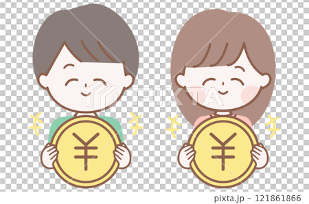 Illustration of a man and woman smiling and holding money Illustration of a man and woman smiling and holding money 121861866