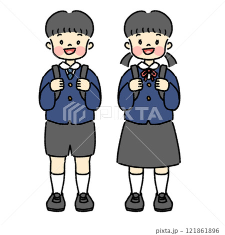 学生服を着た子どもの全身イラスト 男女セット 学生服を着た子どもの全身イラスト 男女セット 121861896