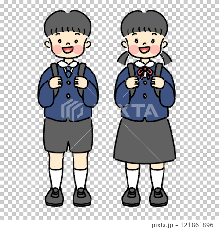 学生服を着た子どもの全身イラスト 男女セット 学生服を着た子どもの全身イラスト 男女セット 121861896