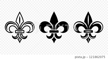 Vector Vintage White and Black Fleur De Lis Icon Set Isolated. Heraldic Lily, Retro Design Element. Vector Illustration Vector Vintage White and Black Fleur De Lis Icon Set Isolated. Heraldic Lily, Retro Design Element. Vector Illustration 121862075
