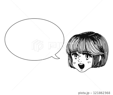 ポップな女の子と吹き出し　モノクロ　線画 121862368