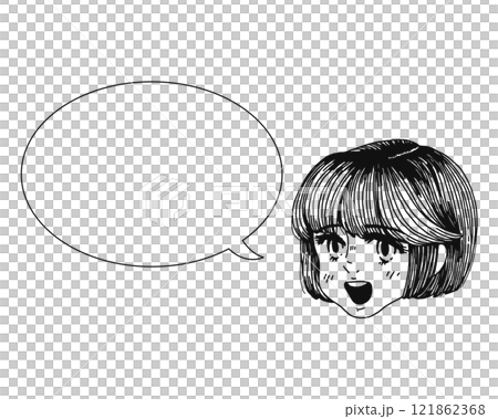 ポップな女の子と吹き出し　モノクロ　線画 121862368