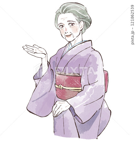 案内をする和服姿のシニア女性 121862539