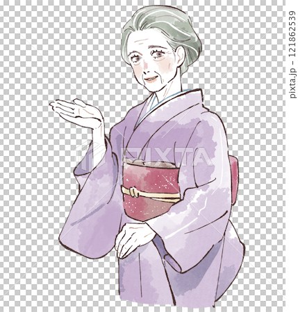 案内をする和服姿のシニア女性 121862539