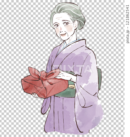 風呂敷を持つ和服姿のシニア女性 121862541