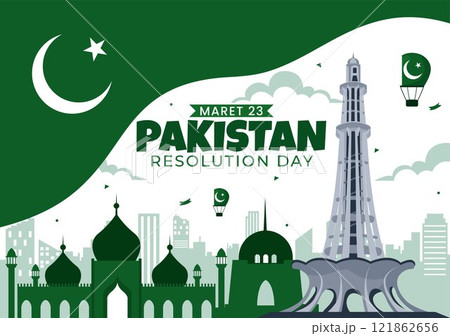 Happy Pakistan Resolution Day Vector Illustration on 23 March, Featuring a Waving Flag and Iconic Landmarks in a National Holiday Flat Background Happy Pakistan Resolution Day Vector Illustration on 23 March, Featuring a Waving Flag and Iconic Landmarks in a National Holiday Flat Background 121862656