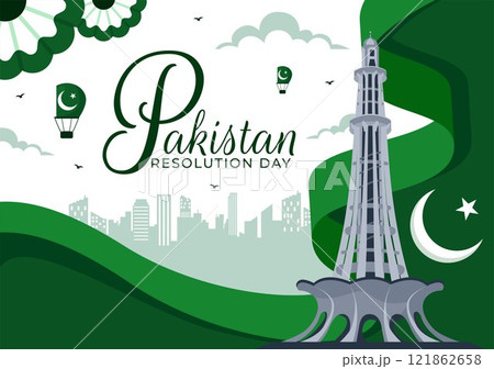 Happy Pakistan Resolution Day Vector Illustration on 23 March, Featuring a Waving Flag and Iconic Landmarks in a National Holiday Flat Background 121862658