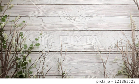 木目の背景素材 ウッドデッキ 木目 ホワイト AI生成素材 葉っぱ 自然 ナチュラル 121863525
