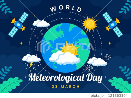 World Meteorological Day Vector Illustration on 23 March, Featuring Earth Map, Meteorology Science, and Weather Research in a Flat Style Background 121863594