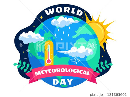 World Meteorological Day Vector Illustration on 23 March, Featuring Earth Map, Meteorology Science, and Weather Research in a Flat Style Background 121863601