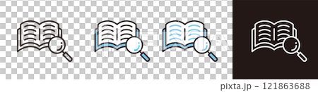 Research or search icon. Illustration of a book or notebook with a magnifying glass. 121863688