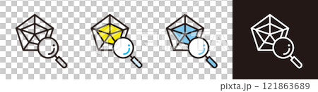 Icons related to analytics and information. Illustration of a pentagonal graph with a magnifying glass. 121863689