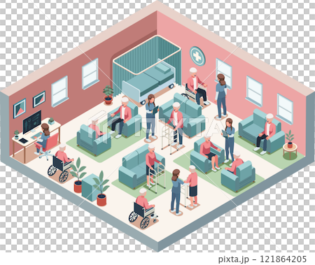 Isometric Elderly Care Facility with Caregivers Assisting 121864205