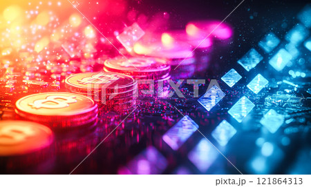 Vibrant cryptocurrency coins and digital blockchain technology concept 121864313