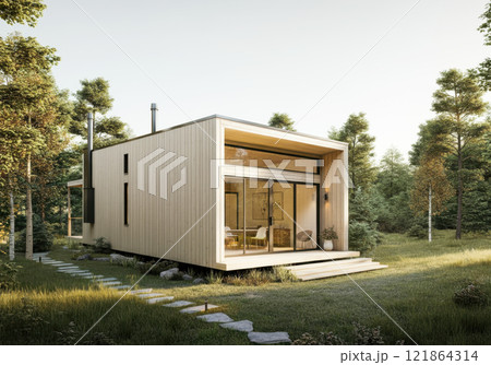 Modern house in forest landscape with large windows and minimalist design. Eco-friendly lifestyle 121864314