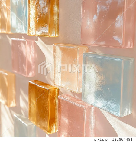 抽象正方形バナー。ガラス風のピンクと水色とオレンジの四角を使った壁のアップ。AI生成画像 抽象正方形バナー。ガラス風のピンクと水色とオレンジの四角を使った壁のアップ。AI生成画像 121864481