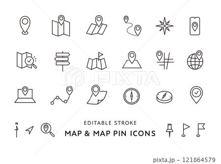 地図にまつわるアイコンセット(モノクロ) 地図にまつわるアイコンセット(モノクロ) 121864579
