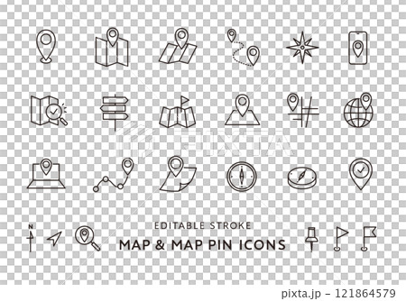 地図にまつわるアイコンセット(モノクロ) 地図にまつわるアイコンセット(モノクロ) 121864579