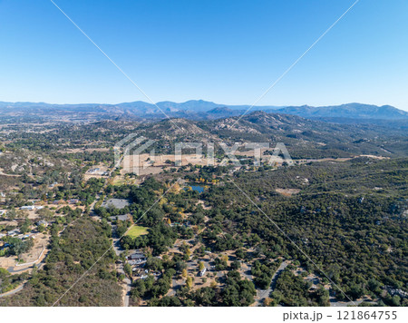 Aerial view of Campsites in the valley of Dos Picos County Park in Ramona 121864755